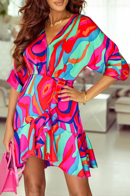Colorful Abstract Print V-Neck Dolman Sleeve Mini Dress with Ruffle Detail