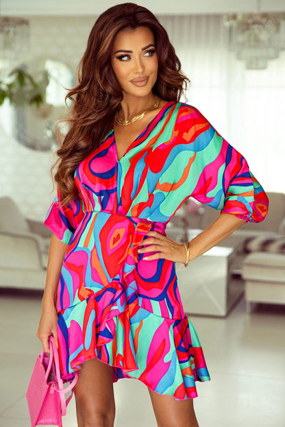 Colorful Abstract Print V-Neck Dolman Sleeve Mini Dress with Ruffle Detail
