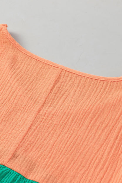 Colorful Bubble Sleeve Crinkled Color Block Top