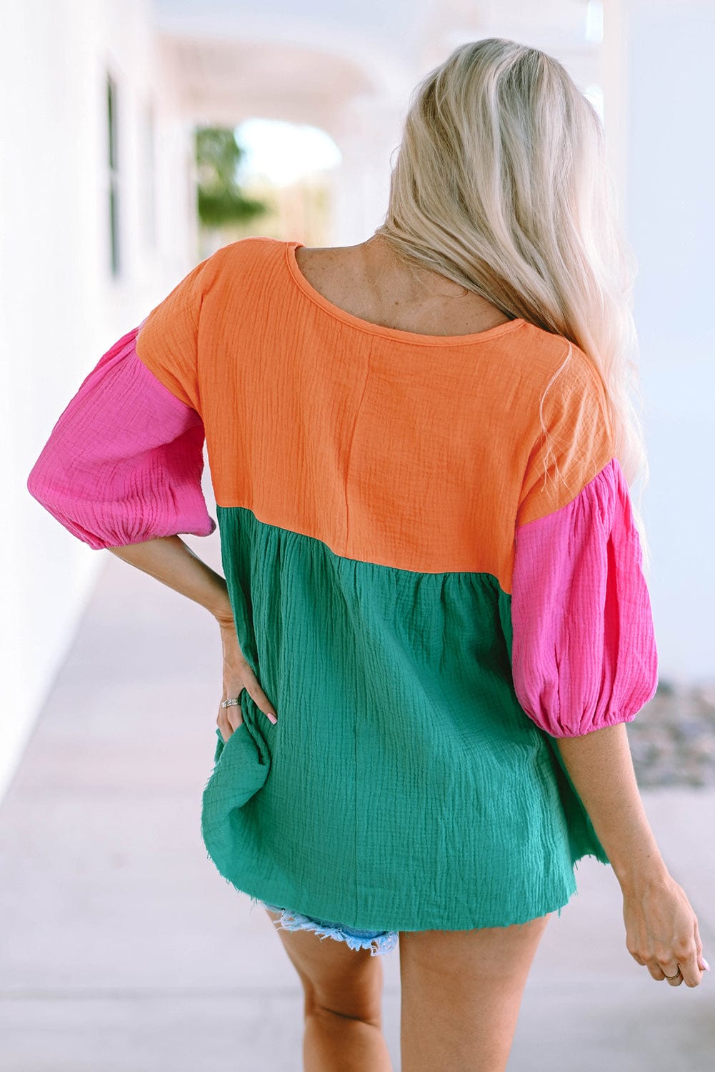 Colorful Bubble Sleeve Crinkled Color Block Top