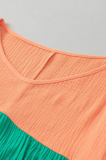 Colorful Bubble Sleeve Crinkled Color Block Top