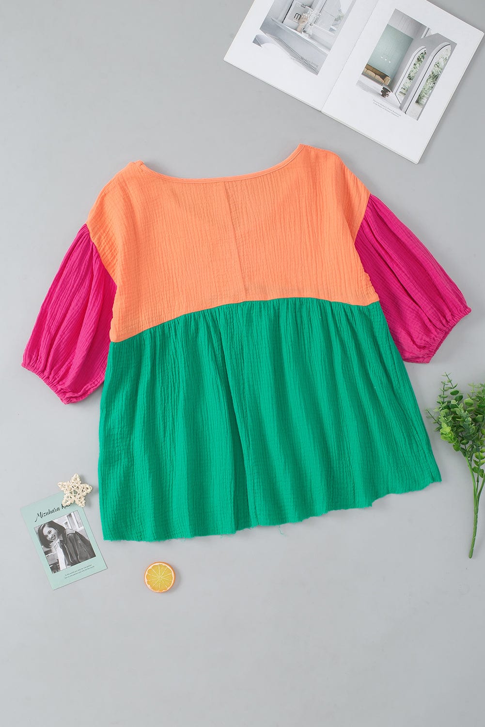 Colorful Bubble Sleeve Crinkled Color Block Top