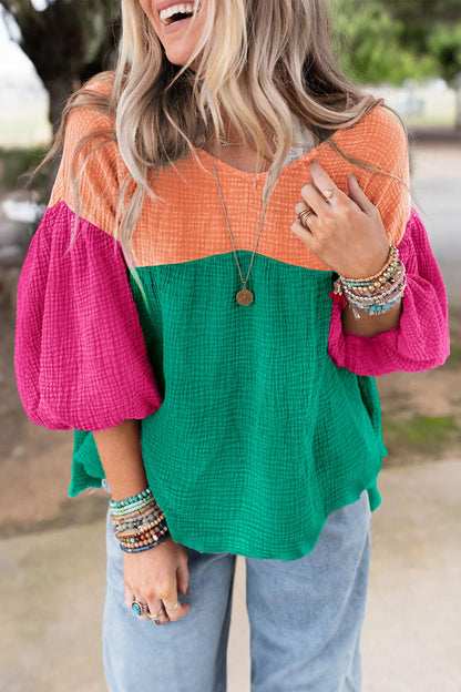Colorful Bubble Sleeve Crinkled Color Block Top