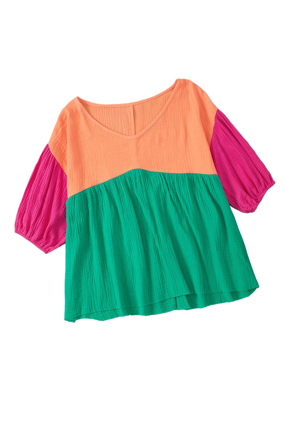 Colorful Bubble Sleeve Crinkled Color Block Top