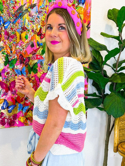 Colorful Crochet Knit Ruffle Short Sleeve Sweater Blouse