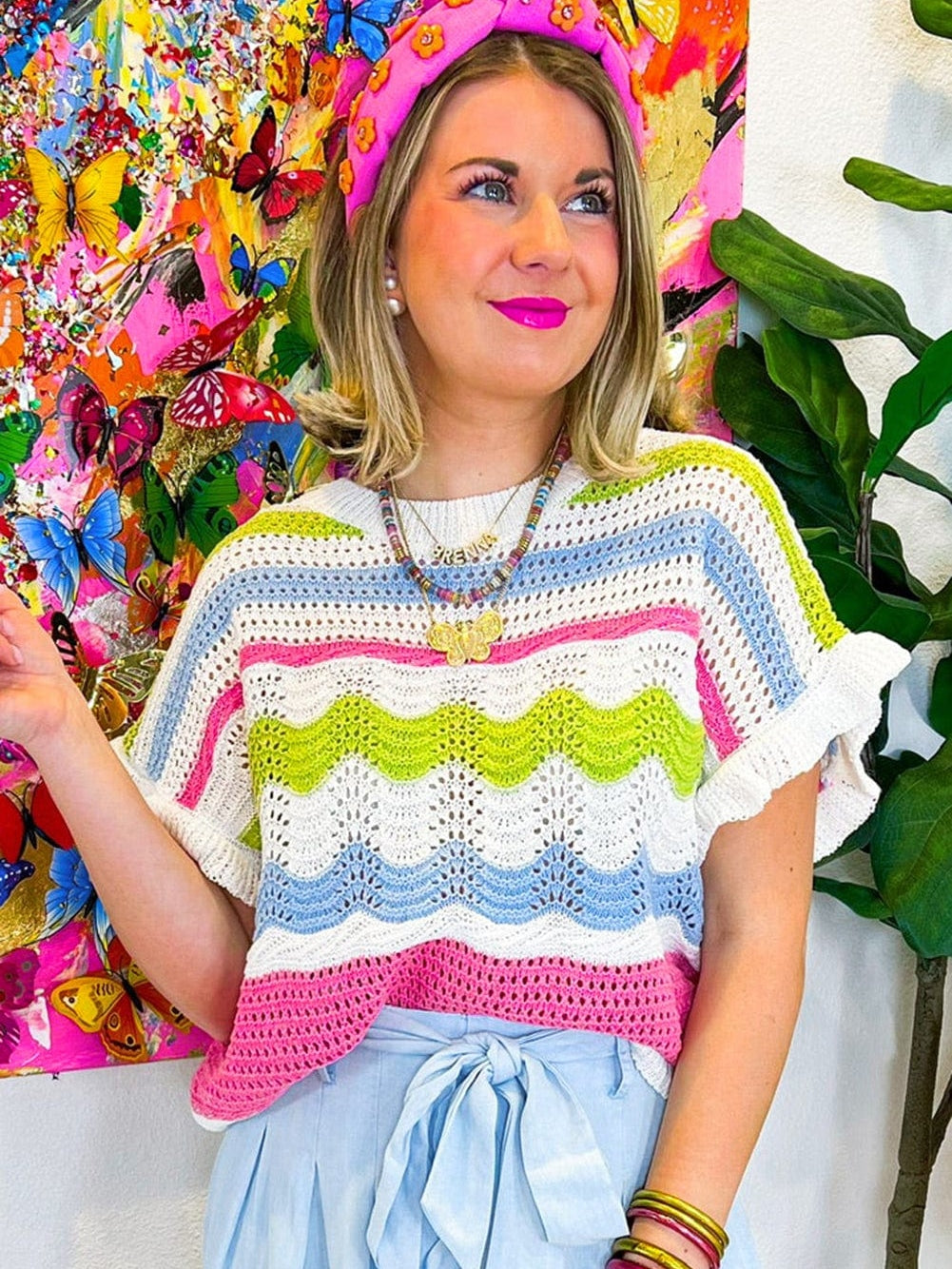 Colorful Crochet Knit Ruffle Short Sleeve Sweater Blouse