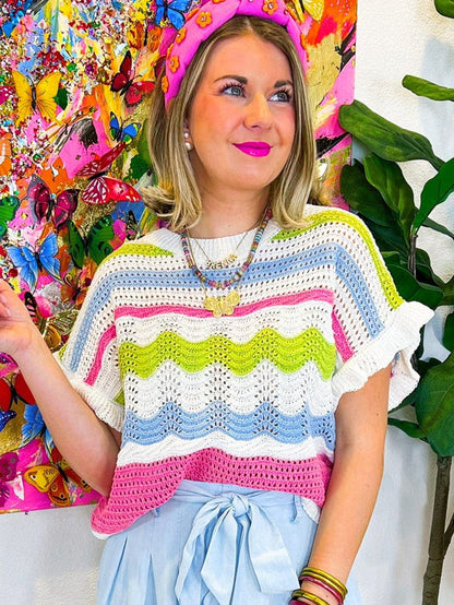 Colorful Crochet Knit Ruffle Short Sleeve Sweater Blouse
