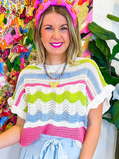 Colorful Crochet Knit Ruffle Short Sleeve Sweater Blouse