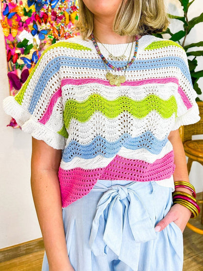 Colorful Crochet Knit Ruffle Short Sleeve Sweater Blouse