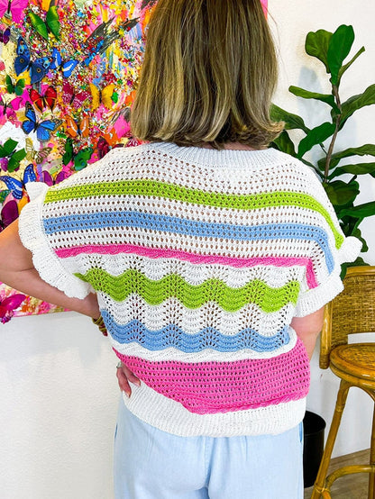 Colorful Crochet Knit Ruffle Short Sleeve Sweater Blouse
