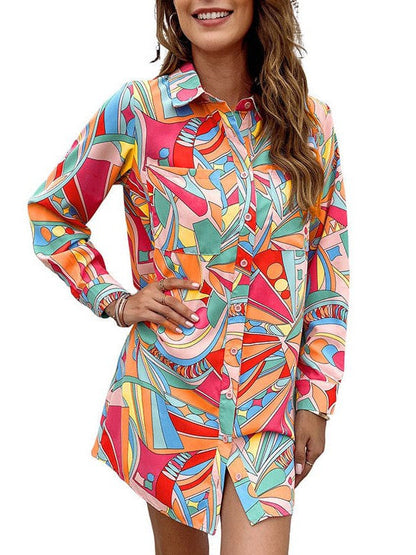 Colorful Geometric Print Shirt Dress with Long Sleeves and Single-Breasted Closure