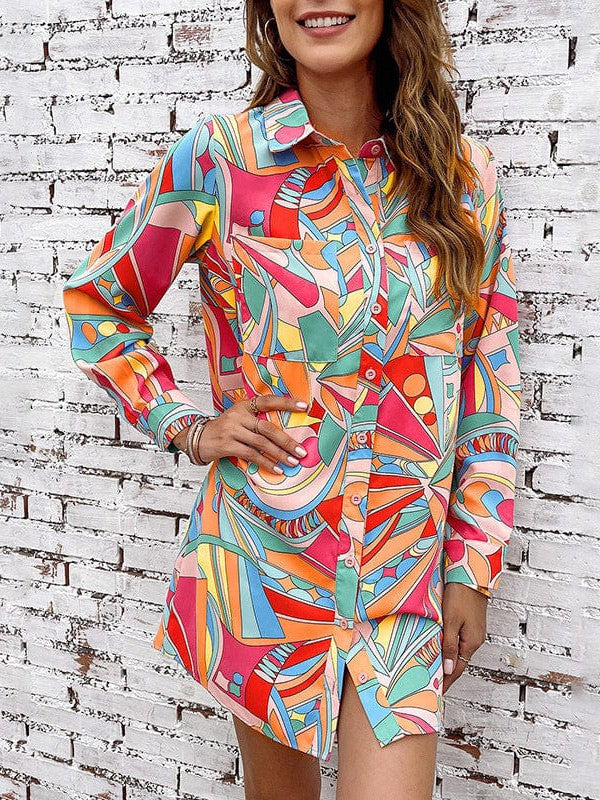Colorful Geometric Print Shirt Dress with Long Sleeves and Single-Breasted Closure