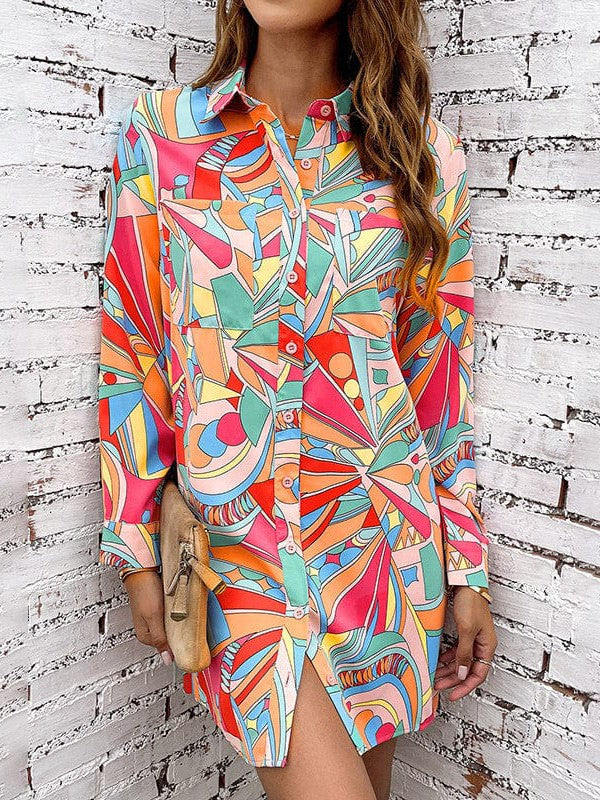 Colorful Geometric Print Shirt Dress with Long Sleeves and Single-Breasted Closure