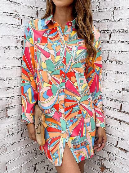 Colorful Geometric Print Shirt Dress with Long Sleeves and Single-Breasted Closure