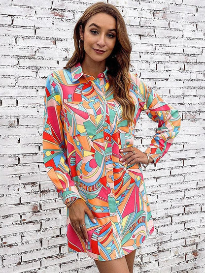 Colorful Geometric Print Shirt Dress with Long Sleeves and Single-Breasted Closure