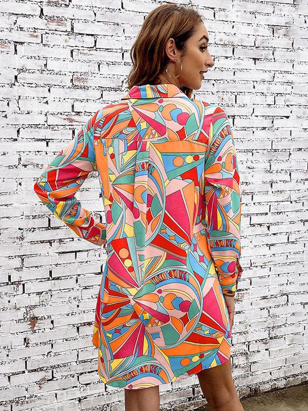 Colorful Geometric Print Shirt Dress with Long Sleeves and Single-Breasted Closure