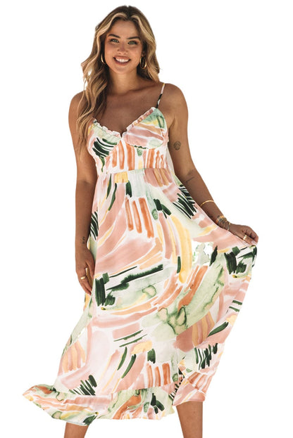 Colorful Graffiti Print Boho Maxi Dress with Spaghetti Straps