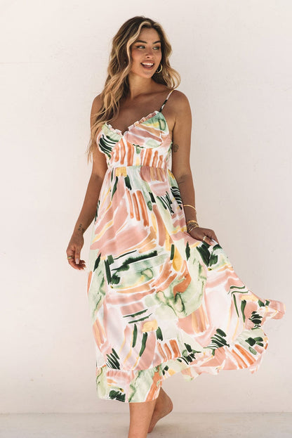 Colorful Graffiti Print Boho Maxi Dress with Spaghetti Straps