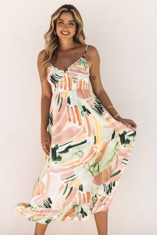 Colorful Graffiti Print Boho Maxi Dress with Spaghetti Straps