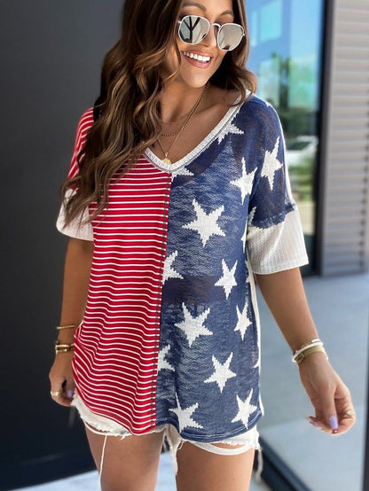 Colorful Striped Stars Print Short Sleeve Knit Top