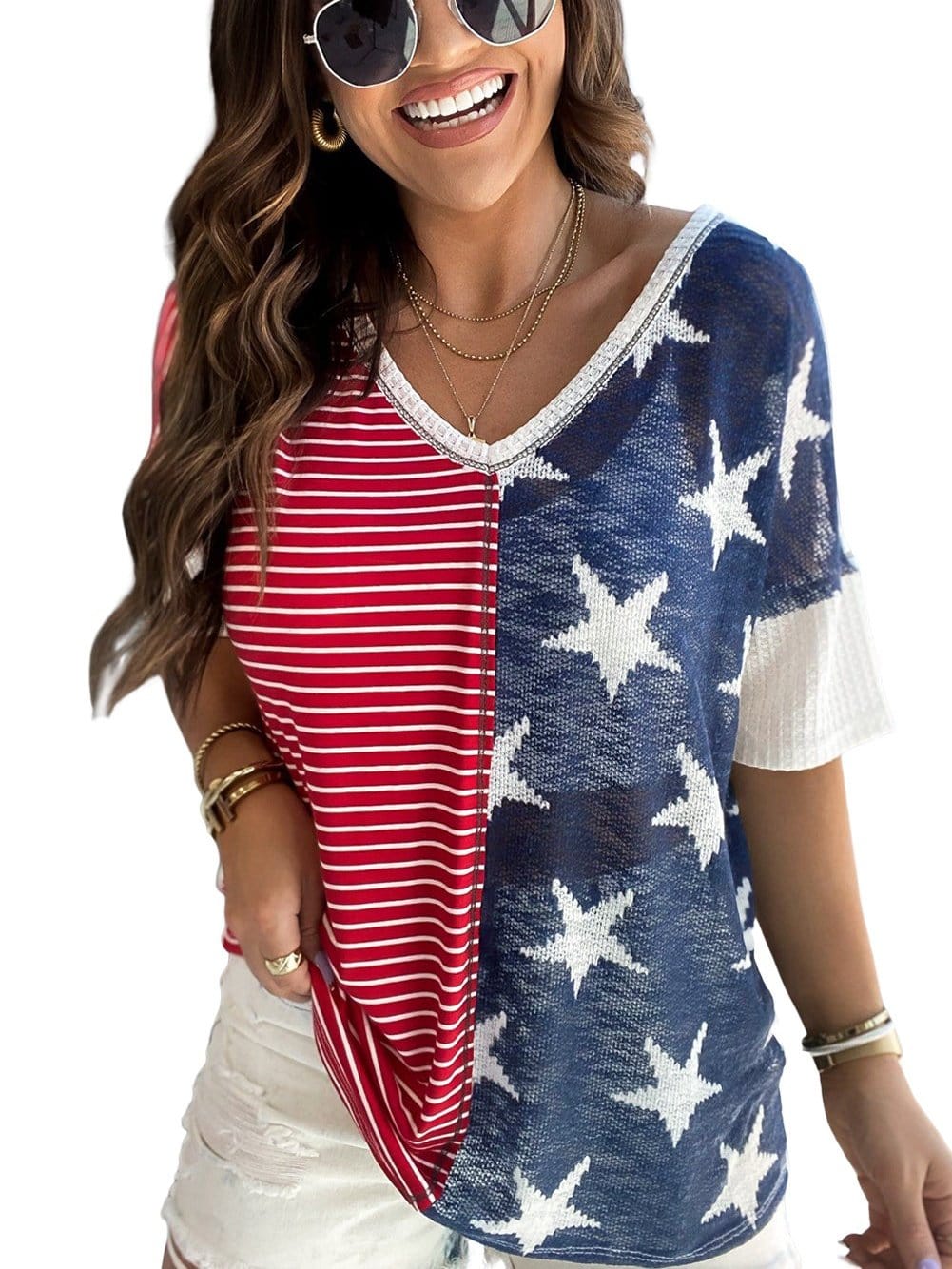 Colorful Striped Stars Print Short Sleeve Knit Top