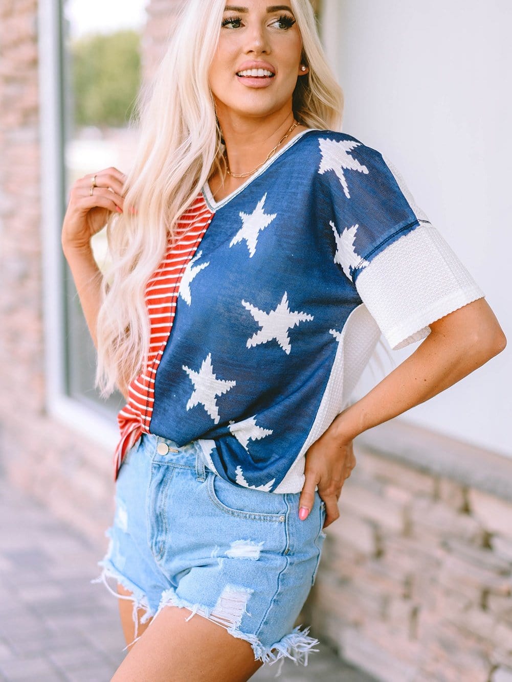 Colorful Striped Stars Print Short Sleeve Knit Top