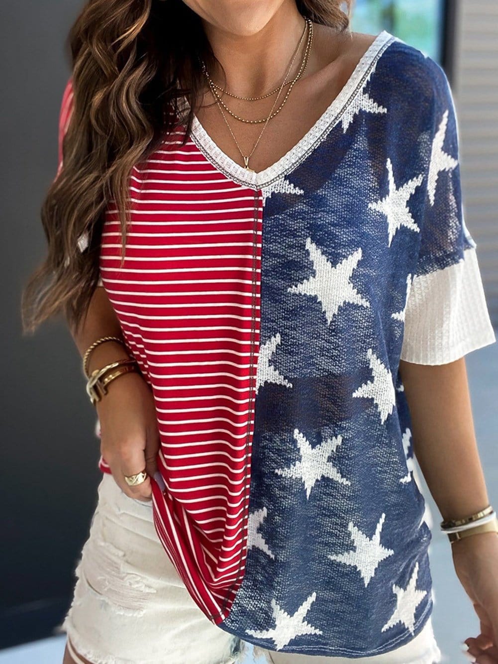 Colorful Striped Stars Print Short Sleeve Knit Top