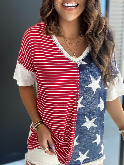 Colorful Striped Stars Print Short Sleeve Knit Top