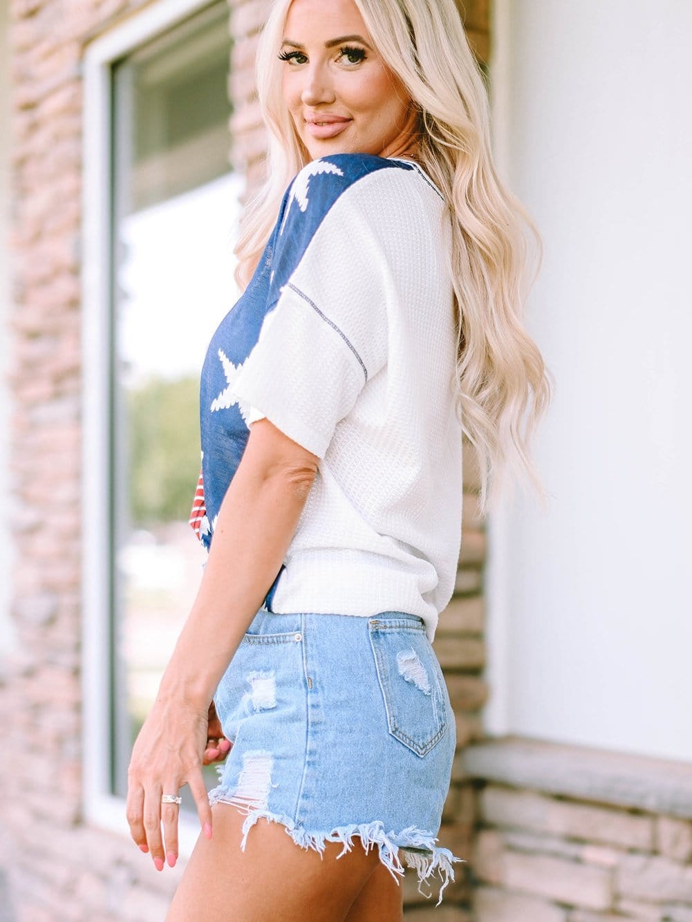 Colorful Striped Stars Print Short Sleeve Knit Top