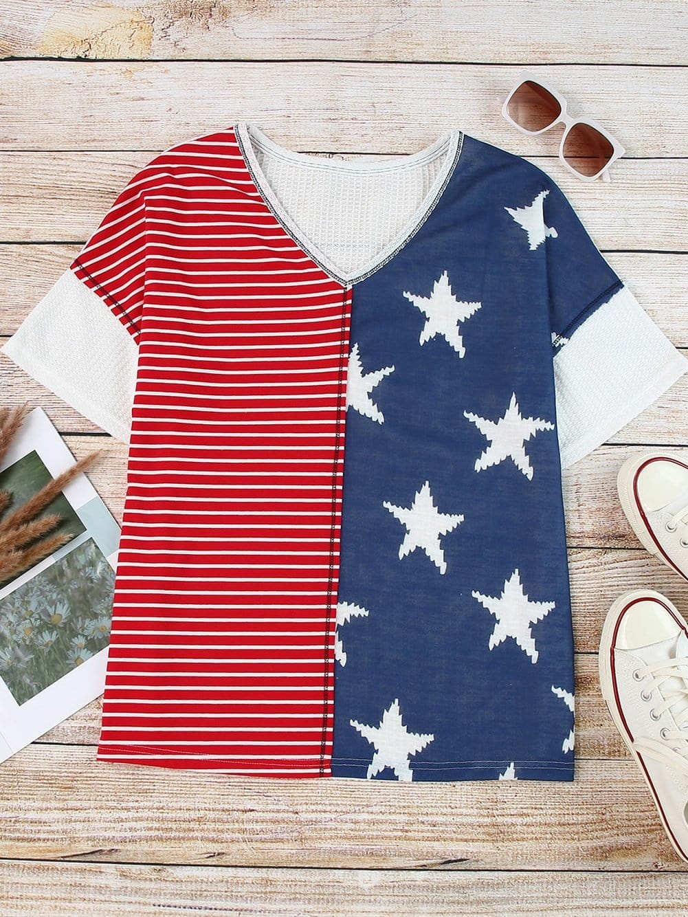 Colorful Striped Stars Print Short Sleeve Knit Top
