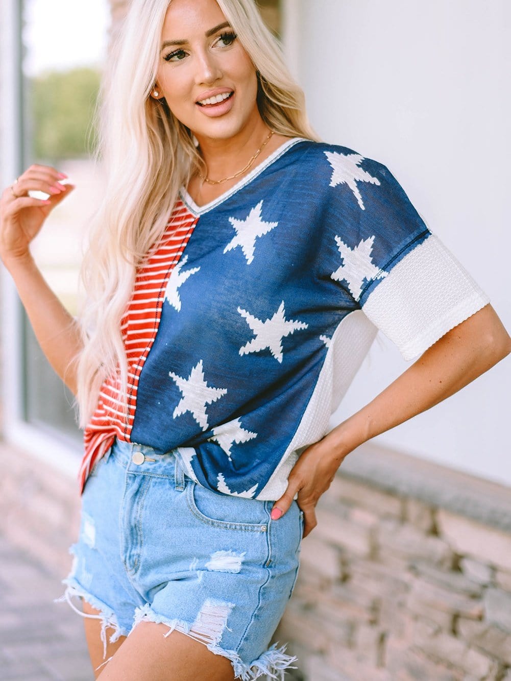 Colorful Striped Stars Print Short Sleeve Knit Top