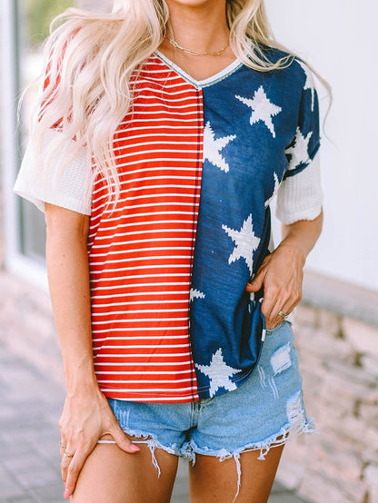 Colorful Striped Stars Print Short Sleeve Knit Top