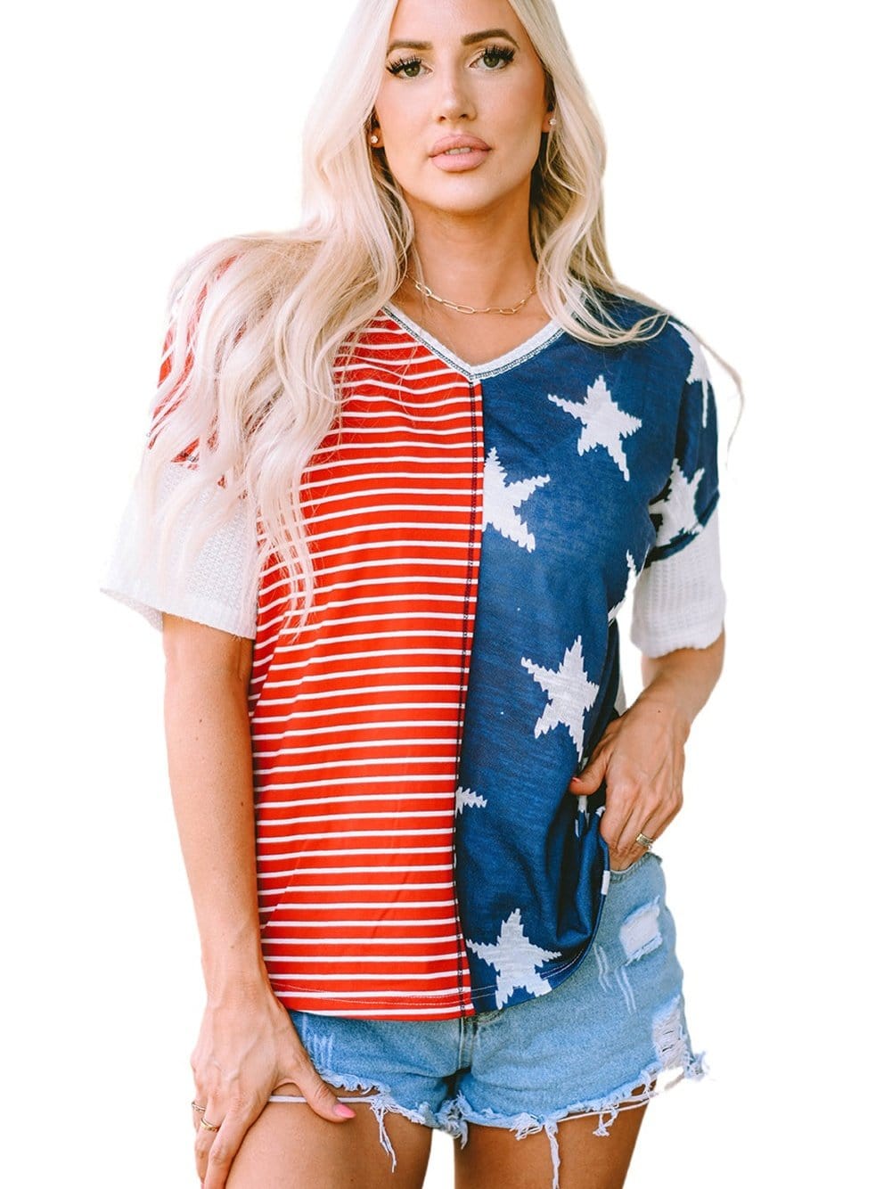 Colorful Striped Stars Print Short Sleeve Knit Top