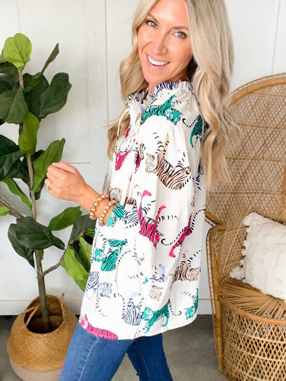 Colorful Tiger Print V-Neck Ruffled Blouse with Lantern Sleeves