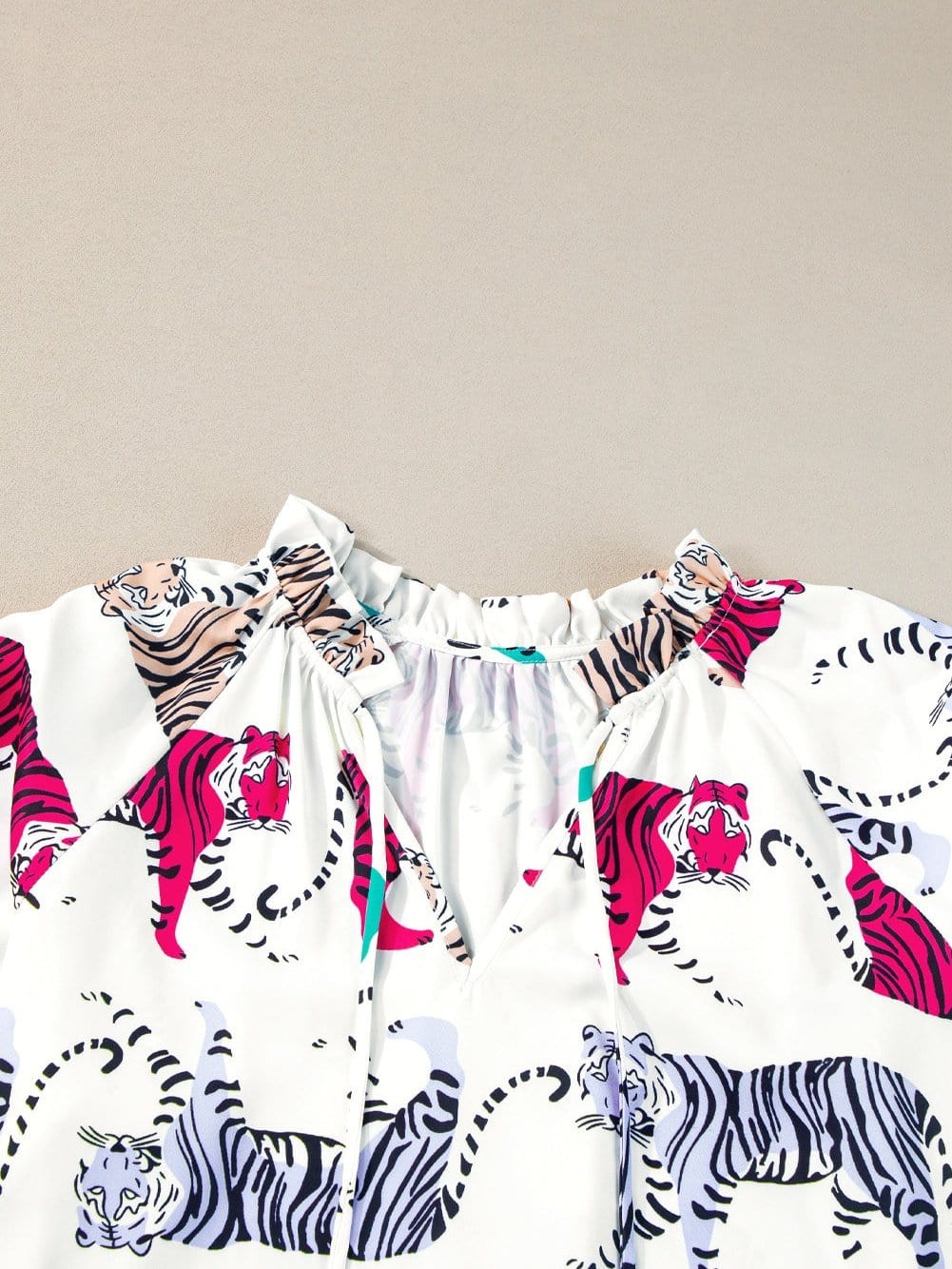 Colorful Tiger Print V-Neck Ruffled Blouse with Lantern Sleeves