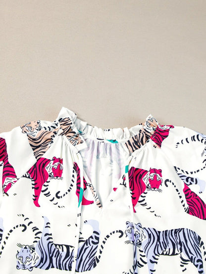 Colorful Tiger Print V-Neck Ruffled Blouse with Lantern Sleeves