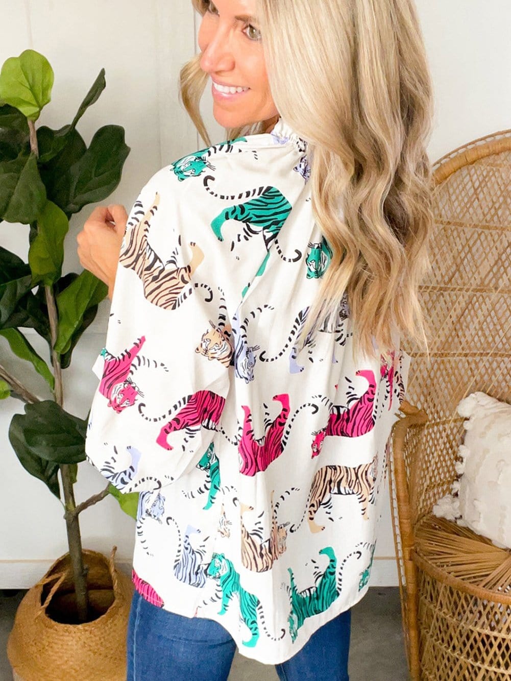 Colorful Tiger Print V-Neck Ruffled Blouse with Lantern Sleeves