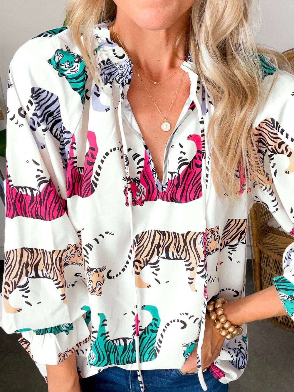 Colorful Tiger Print V-Neck Ruffled Blouse with Lantern Sleeves