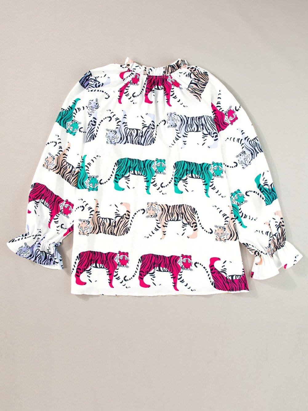 Colorful Tiger Print V-Neck Ruffled Blouse with Lantern Sleeves