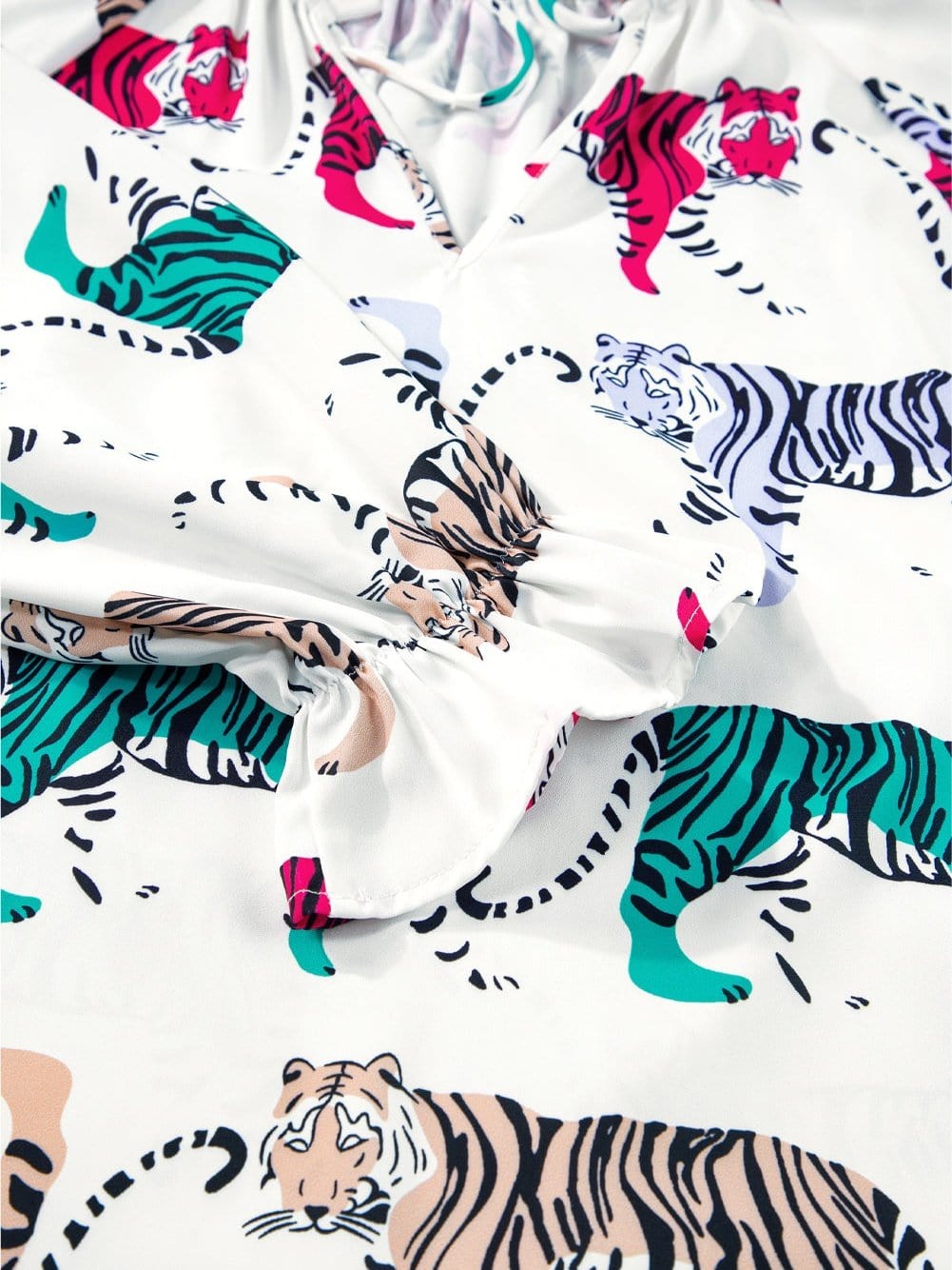 Colorful Tiger Print V-Neck Ruffled Blouse with Lantern Sleeves