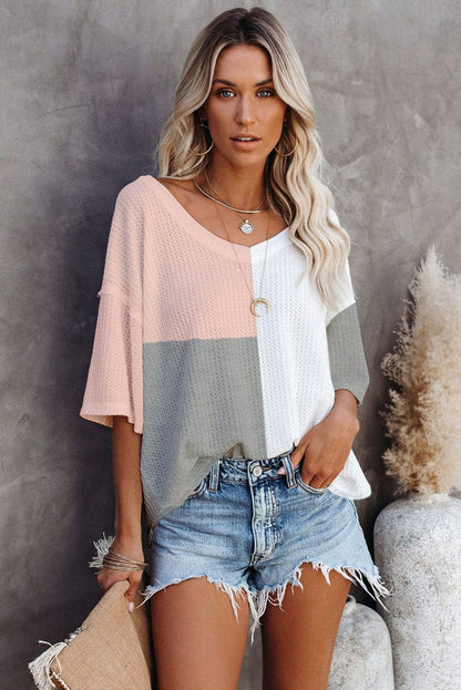 Colorful V-Neck Patchwork Oversized Waffle Knit Top