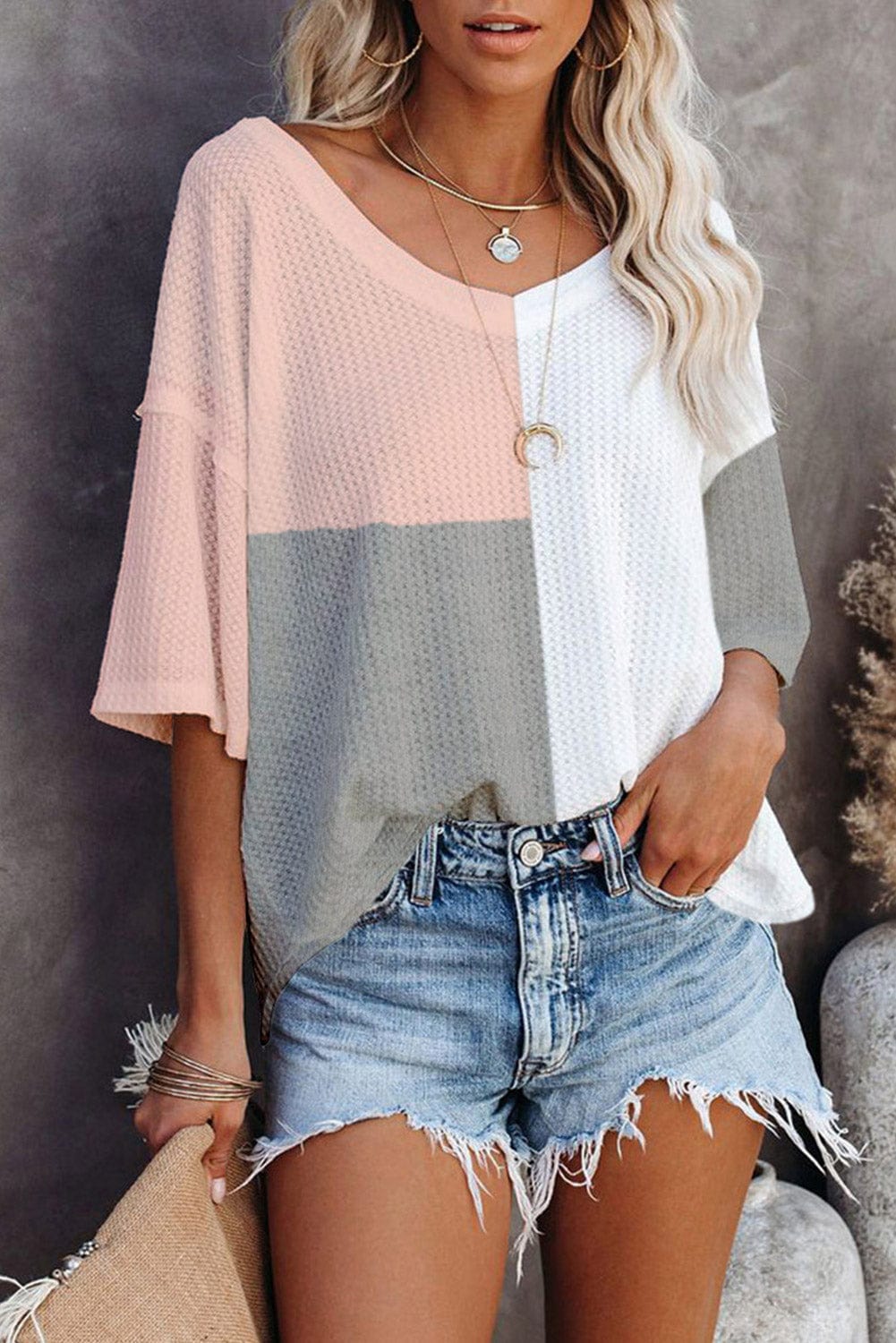 Colorful V-Neck Patchwork Oversized Waffle Knit Top