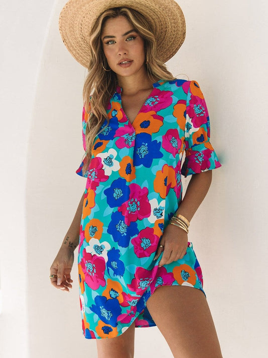 Colorful V-Neck Ruffle Sleeve Flower Patterned Mini Dress