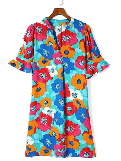 Colorful V-Neck Ruffle Sleeve Flower Patterned Mini Dress
