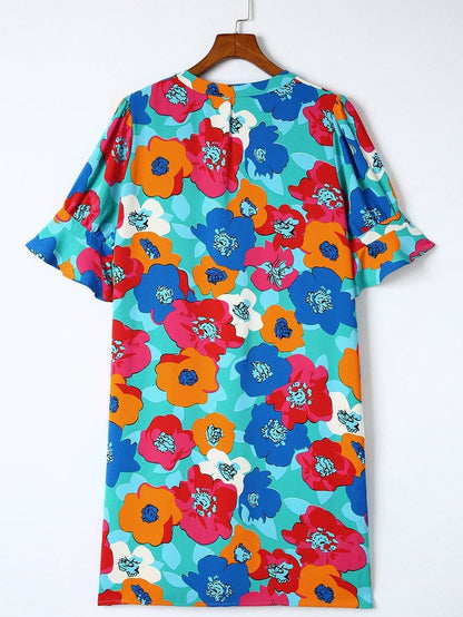 Colorful V-Neck Ruffle Sleeve Flower Patterned Mini Dress