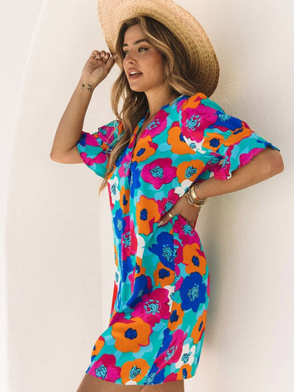 Colorful V-Neck Ruffle Sleeve Flower Patterned Mini Dress