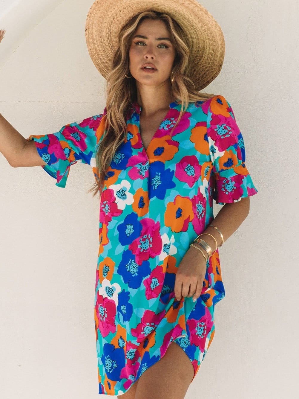 Colorful V-Neck Ruffle Sleeve Flower Patterned Mini Dress