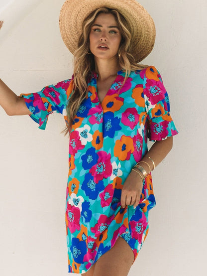 Colorful V-Neck Ruffle Sleeve Flower Patterned Mini Dress