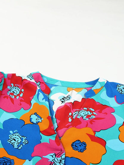 Colorful V-Neck Ruffle Sleeve Flower Patterned Mini Dress