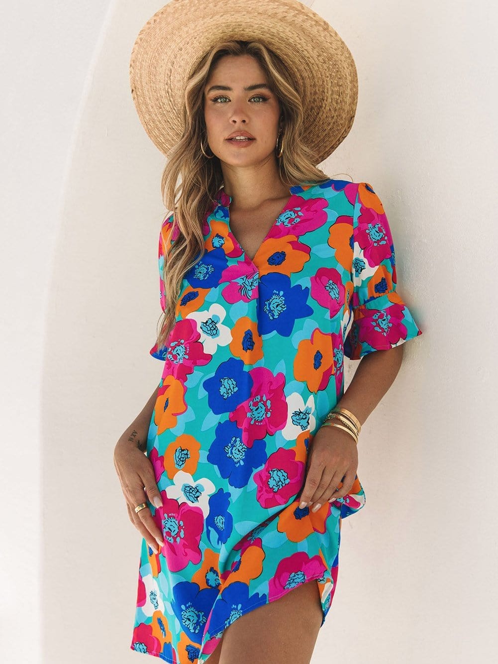Colorful V-Neck Ruffle Sleeve Flower Patterned Mini Dress